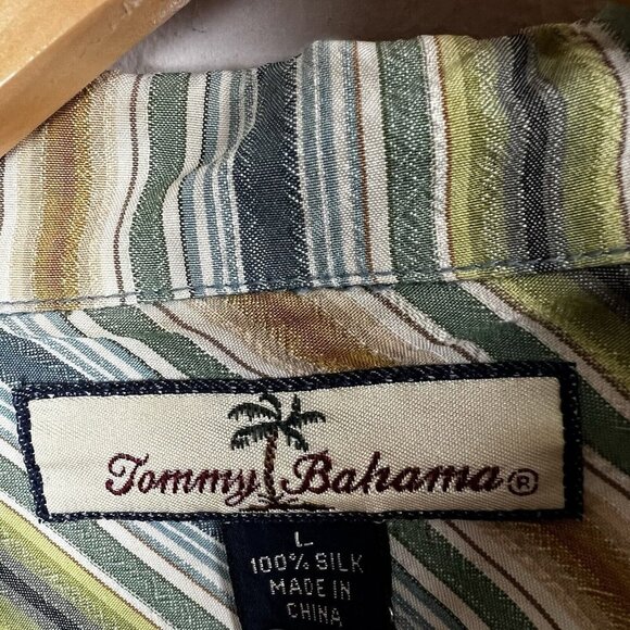 Tommy Bahama Button Down 100% Silk Vertical Striped Shirt Vacation Size Large - Picture 5 of 8